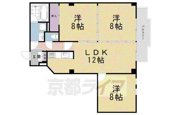 京阪電気鉄道京阪線 東福寺駅 徒歩5分 5階建 築36年(3LDK/3階)の間取り写真