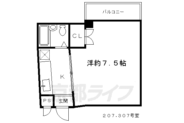 京阪電気鉄道京阪線 東福寺駅 徒歩5分 5階建 築36年(1K/3階)の間取り写真