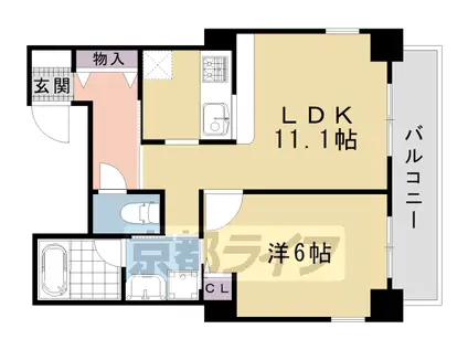 山陰本線 二条駅 徒歩5分 6階建 築26年(1LDK/4階)の間取り写真