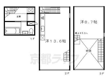 京都市烏丸線 北山駅(京都) 徒歩7分 3階建 築22年(1LDK/3階)の間取り写真