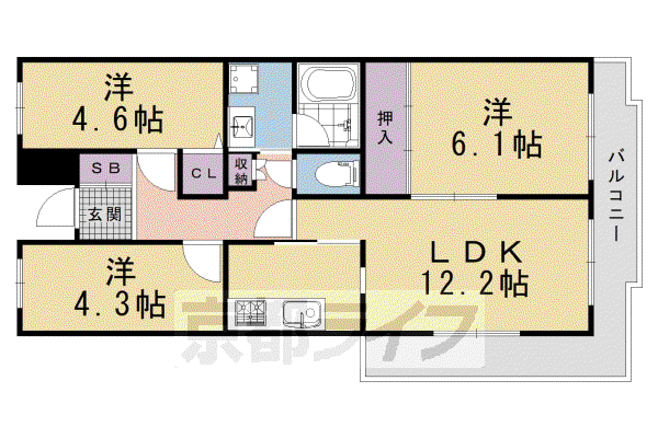 京都市烏丸線 十条駅(京都市営) 徒歩5分 5階建 築39年(3LDK/4階)の間取り写真