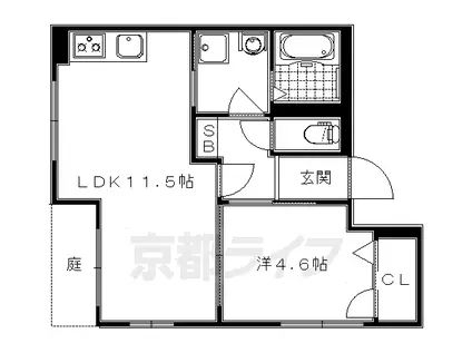 山陰本線 丹波口駅 徒歩7分 2階建 築17年(1LDK/1階)の間取り写真