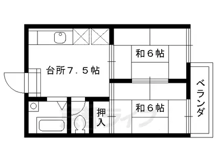 奈良線 新田駅(京都) 徒歩15分 2階建 築39年(2DK/1階)の間取り写真