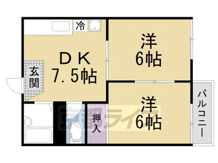 奈良線 新田駅(京都) 徒歩15分 2階建 築39年(2DK/2階)の間取り写真