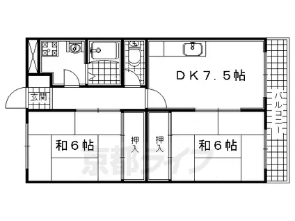 近鉄京都線 伊勢田駅 徒歩30分 4階建 築32年(2DK/2階)の間取り写真