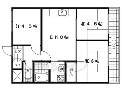 奈良線 長池駅 徒歩6分 5階建 築38年(3LDK/5階)の間取り写真