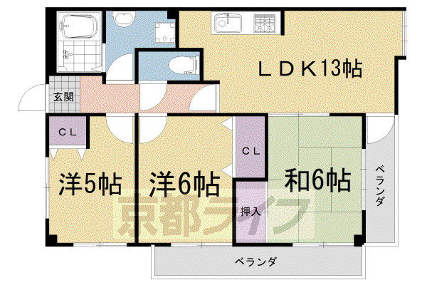 近鉄京都線 寺田駅(京都) 徒歩8分 4階建 築27年(3LDK/2階)の間取り写真