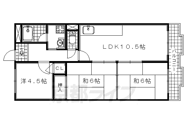 近鉄京都線 伊勢田駅 徒歩10分 4階建 築37年(3LDK/2階)の間取り写真