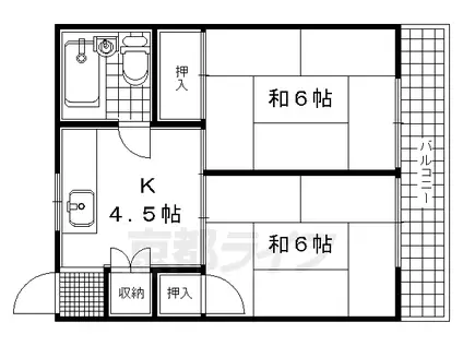 奈良線 城陽駅 徒歩3分 4階建 築51年(2DK/3階)の間取り写真