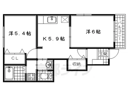 奈良線 長池駅 徒歩10分 2階建 築22年(2DK/1階)の間取り写真