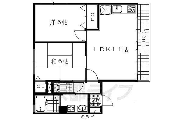 近鉄京都線 富野荘駅 徒歩4分 2階建 築18年(2LDK/1階)の間取り写真
