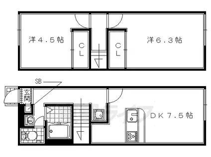 奈良線 城陽駅 徒歩20分 2階建 築25年(2DK/1階)の間取り写真