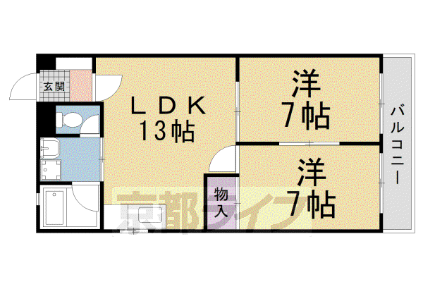 京都市烏丸線 北大路駅 徒歩39分 3階建 築34年(2LDK/2階)の間取り写真