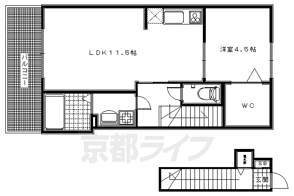 京福北野線 北野白梅町駅 徒歩9分 2階建 築20年(1LDK/2階)の間取り写真