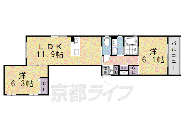 京都市烏丸線 烏丸御池駅 徒歩4分 4階建 築10年(2LDK/1階)の間取り写真