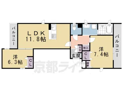 京都市烏丸線 烏丸御池駅 徒歩4分 4階建 築10年(2LDK/3階)の間取り写真