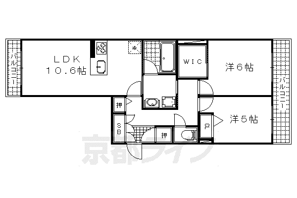 京都市東西線 小野駅(京都) 徒歩4分 3階建 築6年(2LDK/3階)の間取り写真