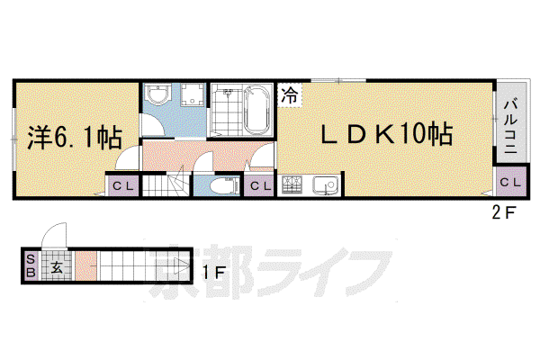 京都市烏丸線 くいな橋駅 徒歩10分 2階建 築5年(1LDK/2階)の間取り写真