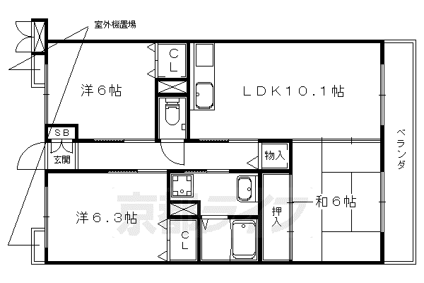 京都市東西線 東野駅(京都) 徒歩9分 6階建 築26年(3LDK/3階)の間取り写真
