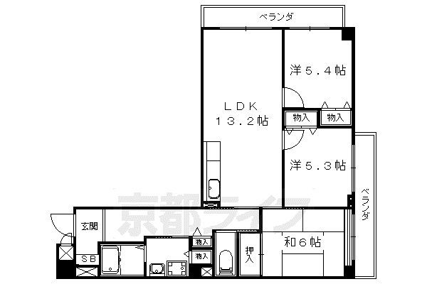 東海道本線 山科駅 徒歩5分 6階建 築28年(3LDK/2階)の間取り写真