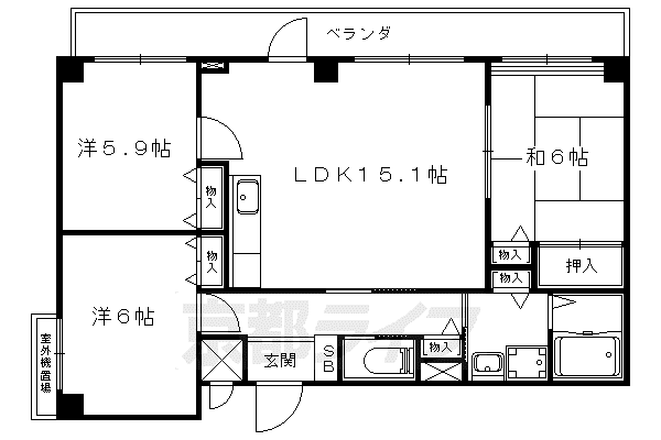東海道本線 山科駅 徒歩5分 6階建 築28年(3LDK/4階)の間取り写真