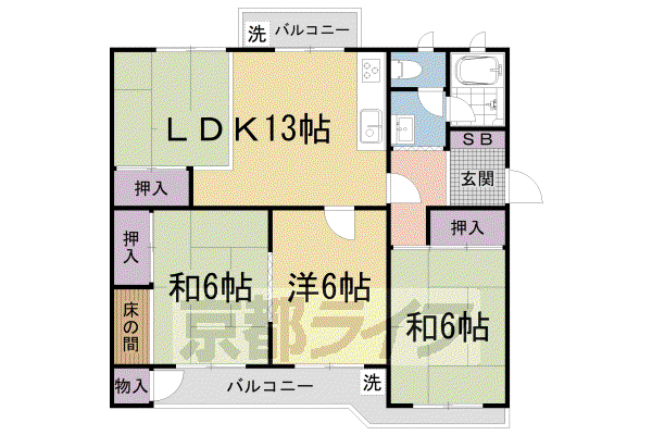 京都市東西線 石田駅(京都市営) 徒歩13分 4階建 築54年(3LDK/3階)の間取り写真