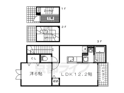 京都市東西線 小野駅(京都) 徒歩10分 3階建 築13年(1LDK/3階)の間取り写真