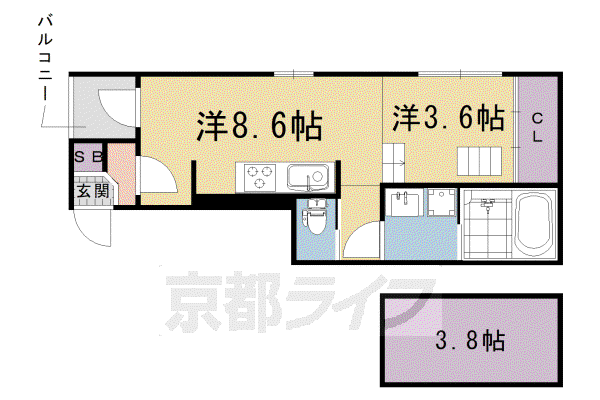 京都市烏丸線 くいな橋駅 徒歩7分 3階建 築8年(1LDK/1階)の間取り写真