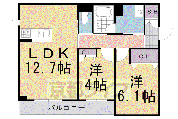 山陰本線 円町駅 徒歩7分 3階建 築4年(2LDK/2階)の間取り写真