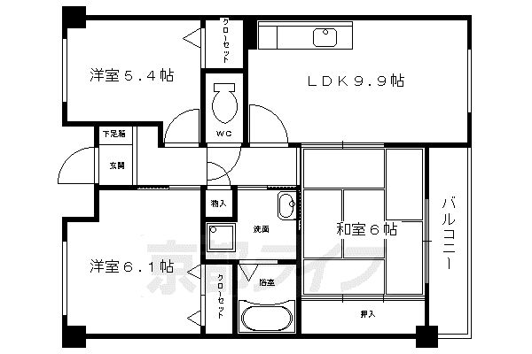 京都市烏丸線 松ケ崎駅(京都) 徒歩5分 4階建 築26年(3LDK/1階)の間取り写真