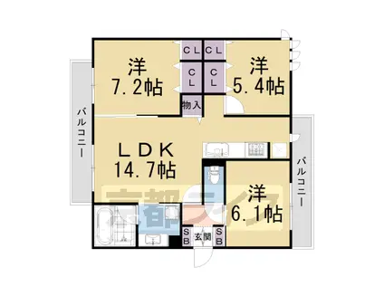 京福嵐山本線 鹿王院駅 徒歩12分 3階建 築4年(3LDK/2階)の間取り写真