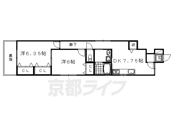 山陰本線 円町駅 徒歩6分 2階建 築19年(2DK/2階)の間取り写真