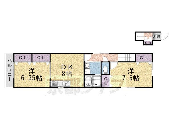 山陰本線 円町駅 徒歩6分 2階建 築19年(2DK/2階)の間取り写真