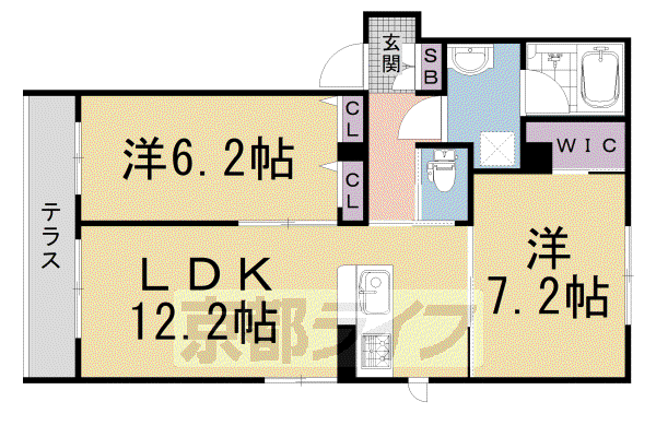 山陰本線 二条駅 徒歩9分 3階建 築4年(2LDK/1階)の間取り写真
