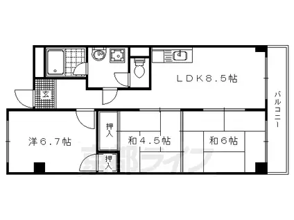 阪急電鉄京都線 桂駅 徒歩5分 4階建 築45年(3DK/4階)の間取り写真