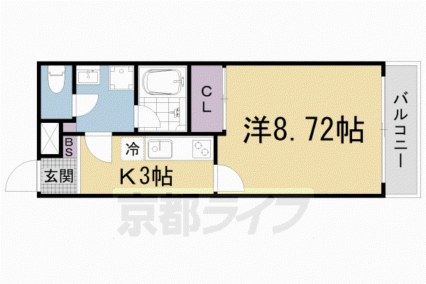 東海道本線 山科駅 徒歩6分 3階建 築4年(1K/3階)の間取り写真
