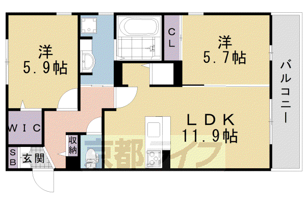 京都市烏丸線 くいな橋駅 徒歩4分 3階建 築15年(2LDK/3階)の間取り写真