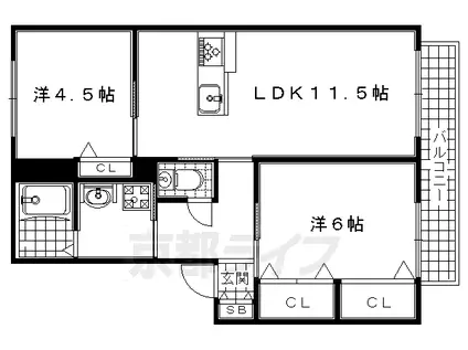 近鉄京都線 寺田駅(京都) 徒歩5分 2階建 築17年(2LDK/1階)の間取り写真