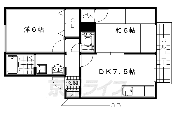 近鉄京都線 寺田駅(京都) 徒歩9分 2階建 築28年(2DK/1階)の間取り写真
