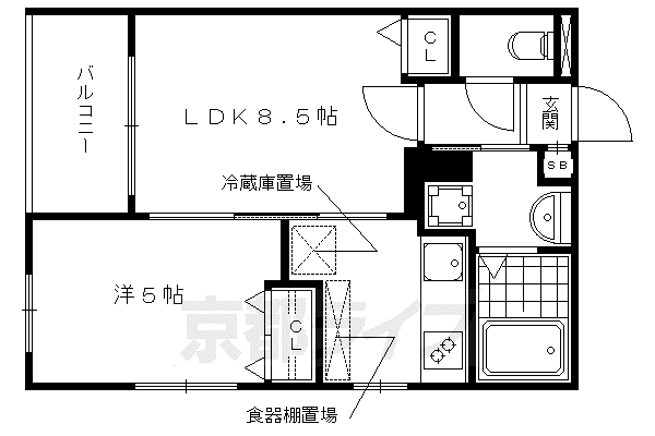 山陰本線 二条駅 徒歩7分 5階建 築16年(1LDK/1階)の間取り写真