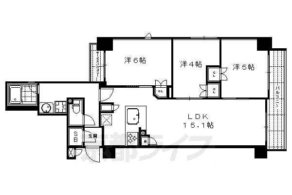 京都市烏丸線 四条駅(京都市営) 徒歩4分 9階建 築12年(3LDK/3階)の間取り写真