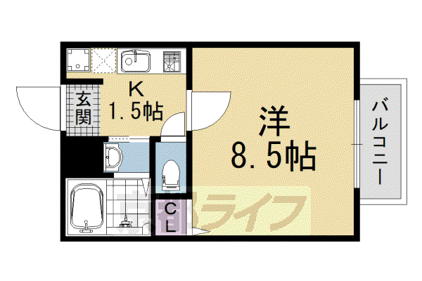 京都市烏丸線 五条駅(京都市営) 徒歩10分 3階建 築15年(1K/3階)の間取り写真
