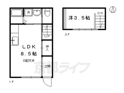 山陰本線 丹波口駅 徒歩4分 2階建 築61年(1LDK)の間取り写真