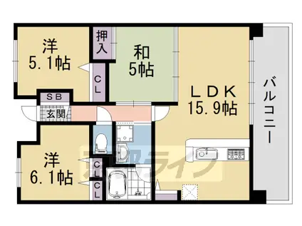 山陰本線 丹波口駅 徒歩10分 7階建 築9年(3LDK/4階)の間取り写真