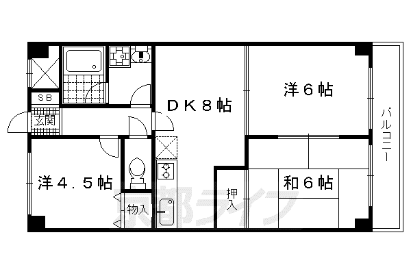 京都市烏丸線 北大路駅 徒歩35分 3階建 築33年(3DK/1階)の間取り写真