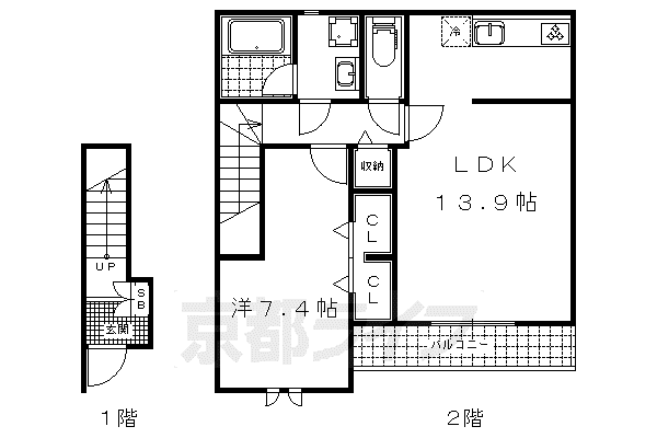 ホワイトレーク大萱(1LDK/2階)の間取り写真