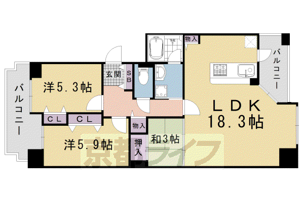 京都市烏丸線 五条駅(京都市営) 徒歩5分 11階建 築25年(3LDK/2階)の間取り写真