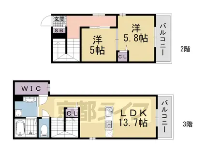 阪急電鉄京都線 大宮駅(京都) 徒歩9分 3階建 築11年(2LDK/2階)の間取り写真
