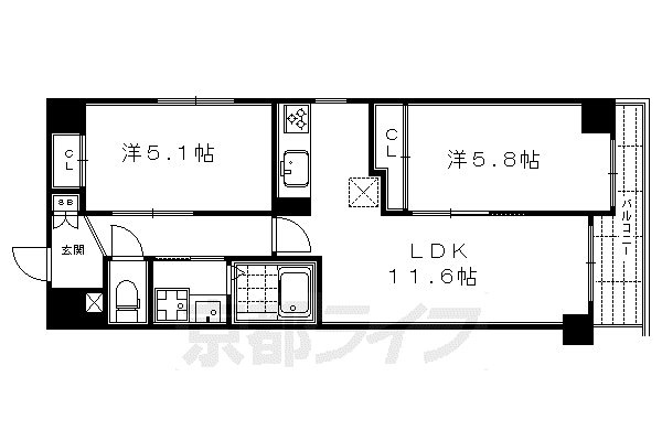阪急電鉄京都線 大宮駅(京都) 徒歩6分 5階建 築10年(2LDK/2階)の間取り写真