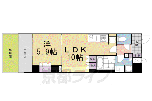京都市東西線 二条城前駅 徒歩1分 4階建 築5年(1LDK/1階)の間取り写真